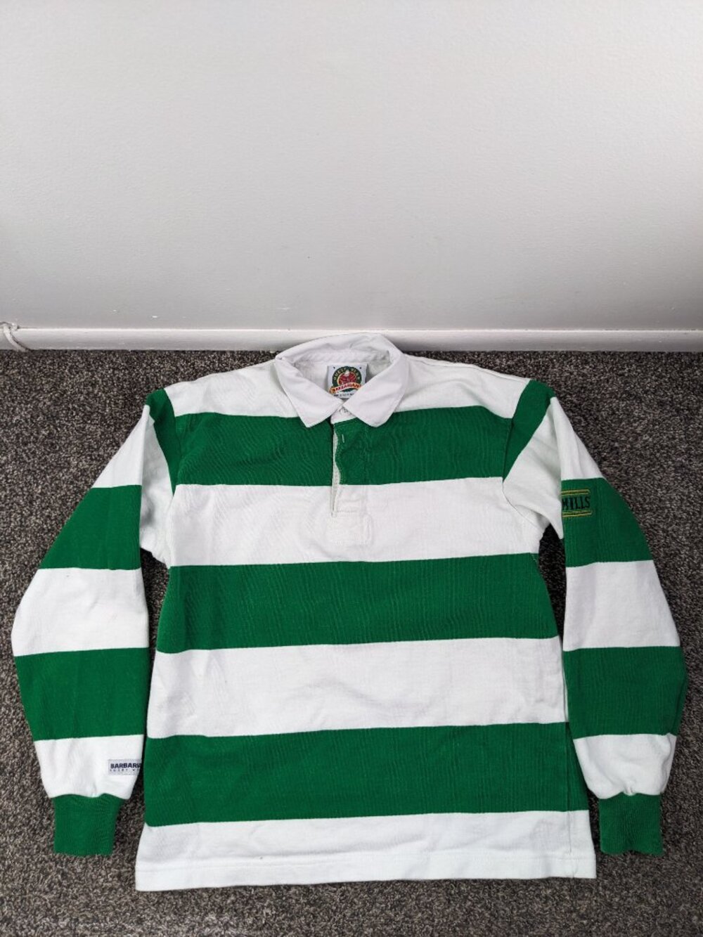 Barbarian Rugby Wear Bushmills Whiskey L/S Embroidered Green Striped Mens Small - Picture 4 of 13